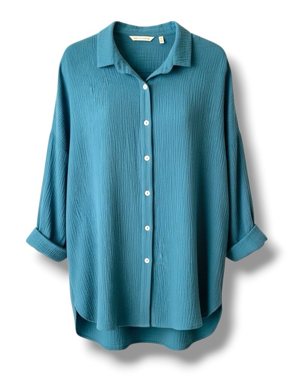 SOFT SURROUNDINGS Textured Blouse Gauze Cotton Teal Blue Large